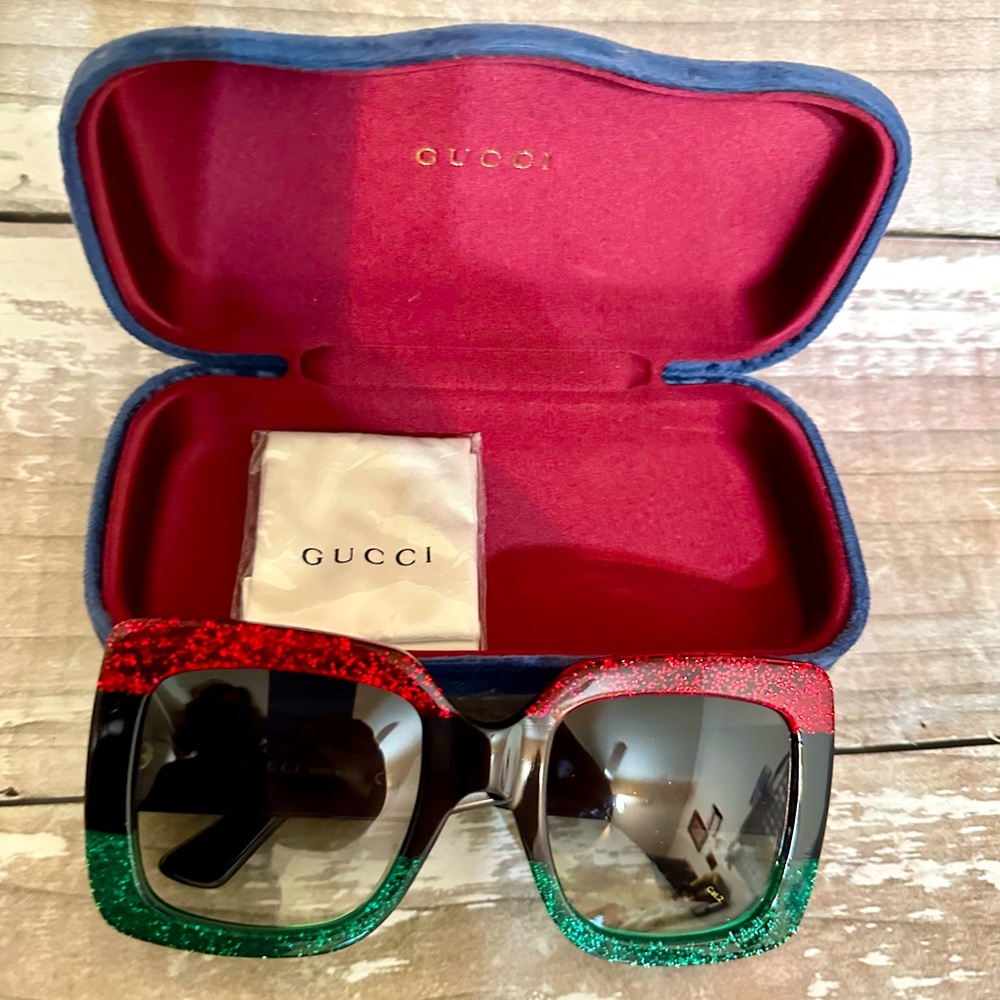 Gucci Large Red and Green Glitter Square Sunglasses